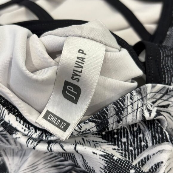Sylvia P Balmy Black & White Palm Print One-Piece Leotard Strappy Back Girls 12 - Picture 6 of 6